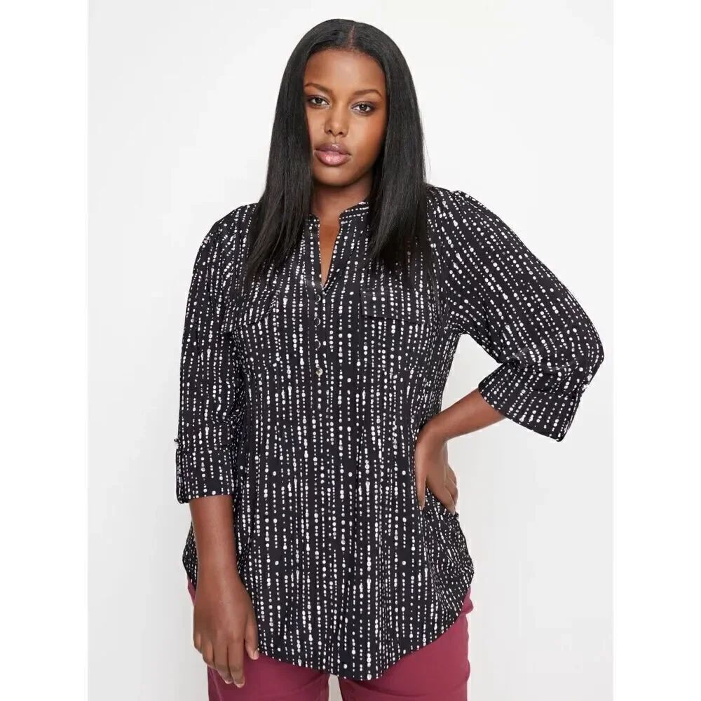 COCOMO LADIES BLACK  Popover Top SIZE SMALL VERY ELEGANT Roll Tab SLEEVE NWT